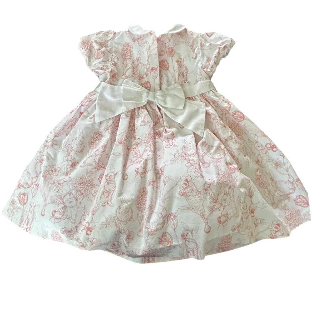 Baby Girl Pink White Bunny Floral Toile Print Dress Peter Pan Collar Bow Back
